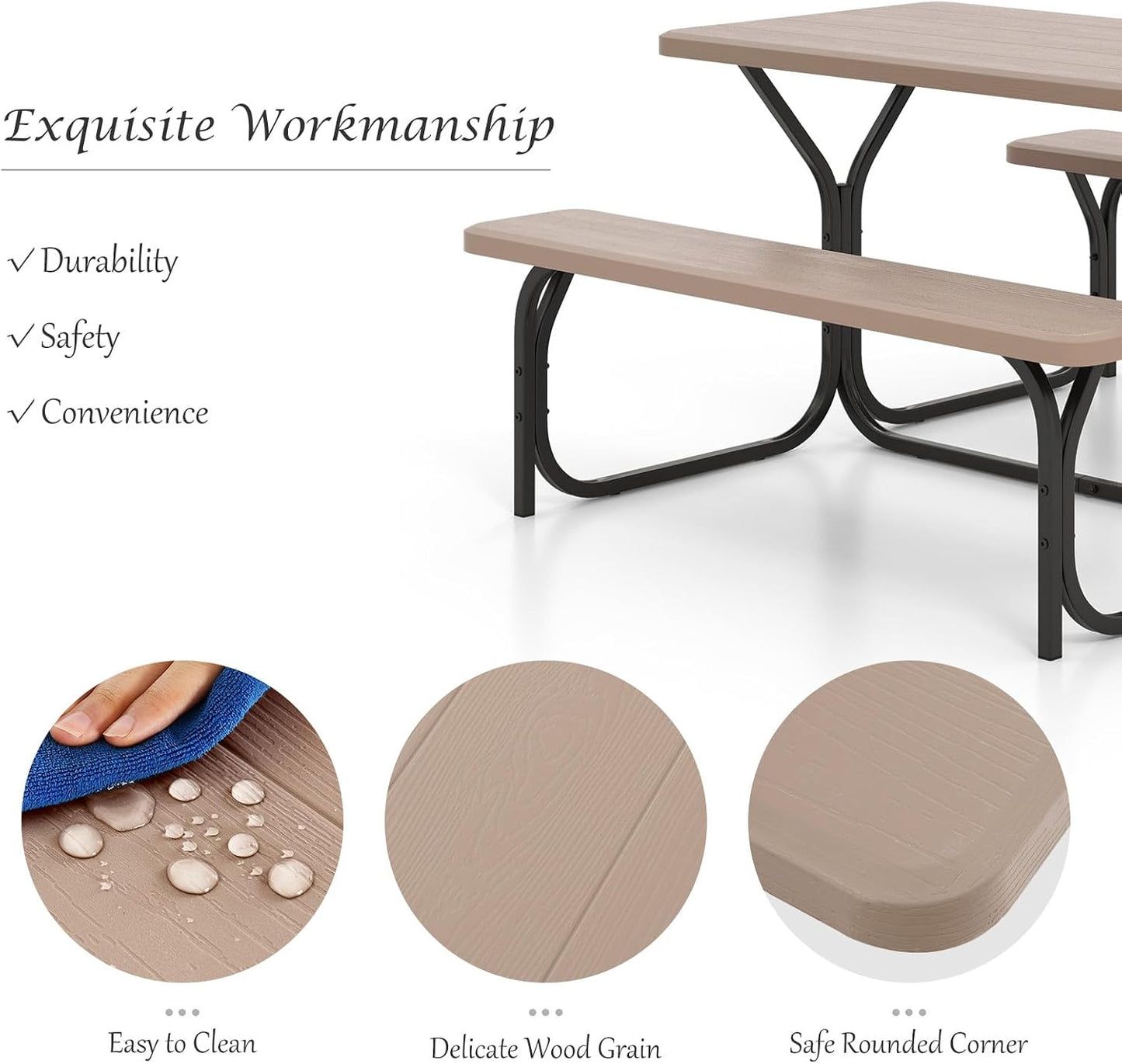 Giantex Picnic Table Bench Set Outdoor Camping All Weather Metal Base Wood-Like Texture Backyard Poolside Dining Party G