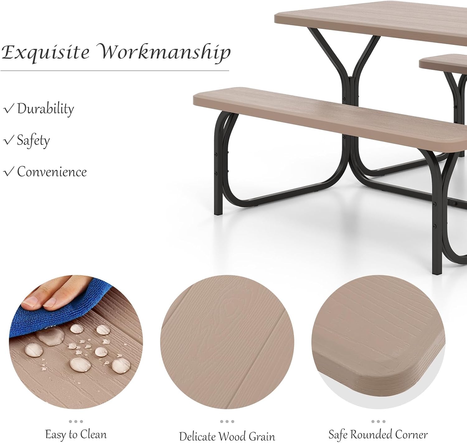 Giantex Picnic Table Bench Set Outdoor Camping All Weather Metal Base Wood-Like Texture Backyard Poolside Dining Party G