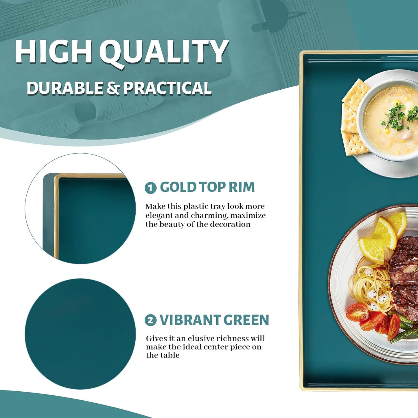 MAONAME Teal Decorative Tray for Coffee Table, Serving Tray with Handles | Plastic Melamine Tray, Modern Ottoman Tray, Rectangular Countertop Organizer Tray for Living Room, 15.8"L x 10.2"W x 1.4"H