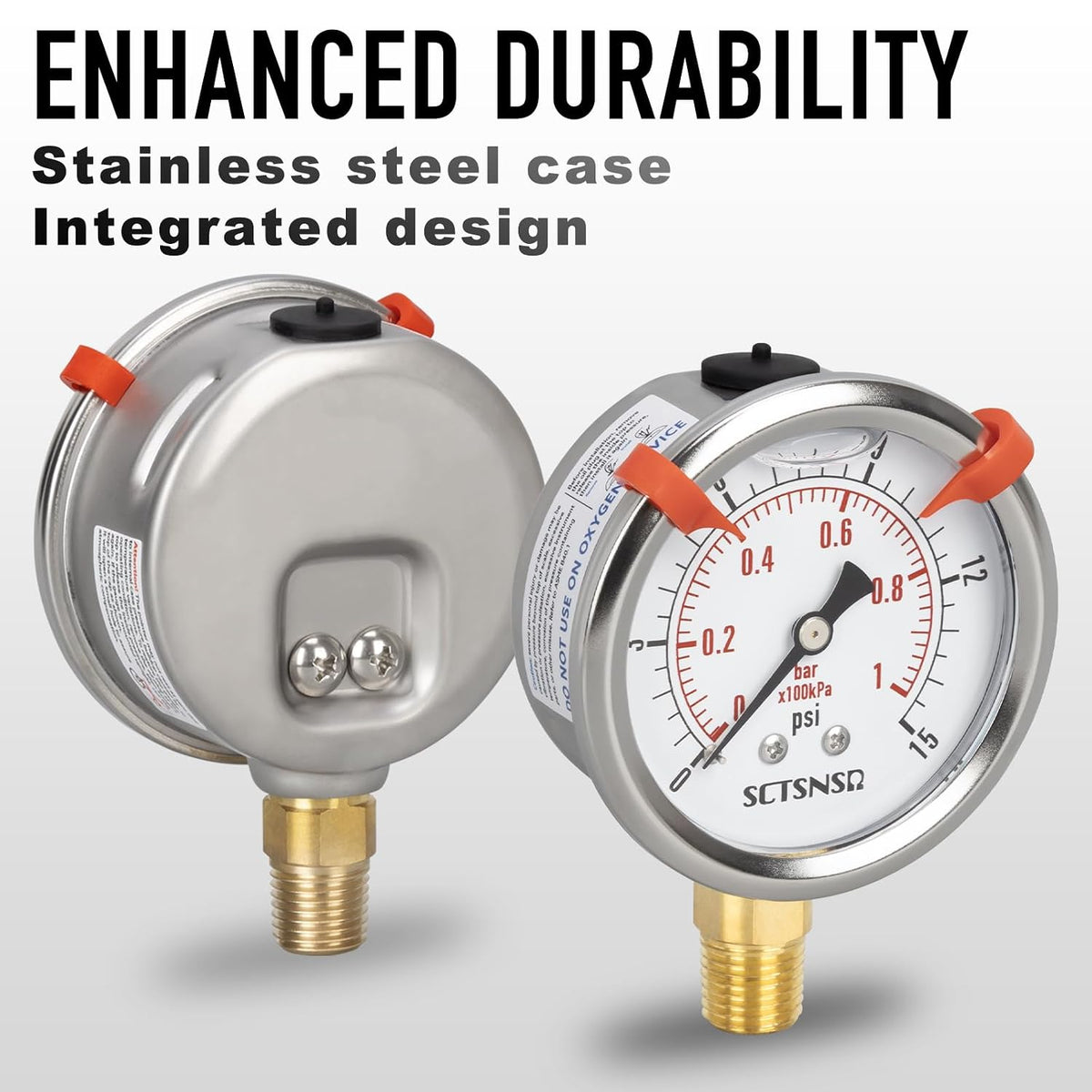 0 to 15 Psi Pressure Gauge, Liquid Filled, 1/4" NPT Lower Mount