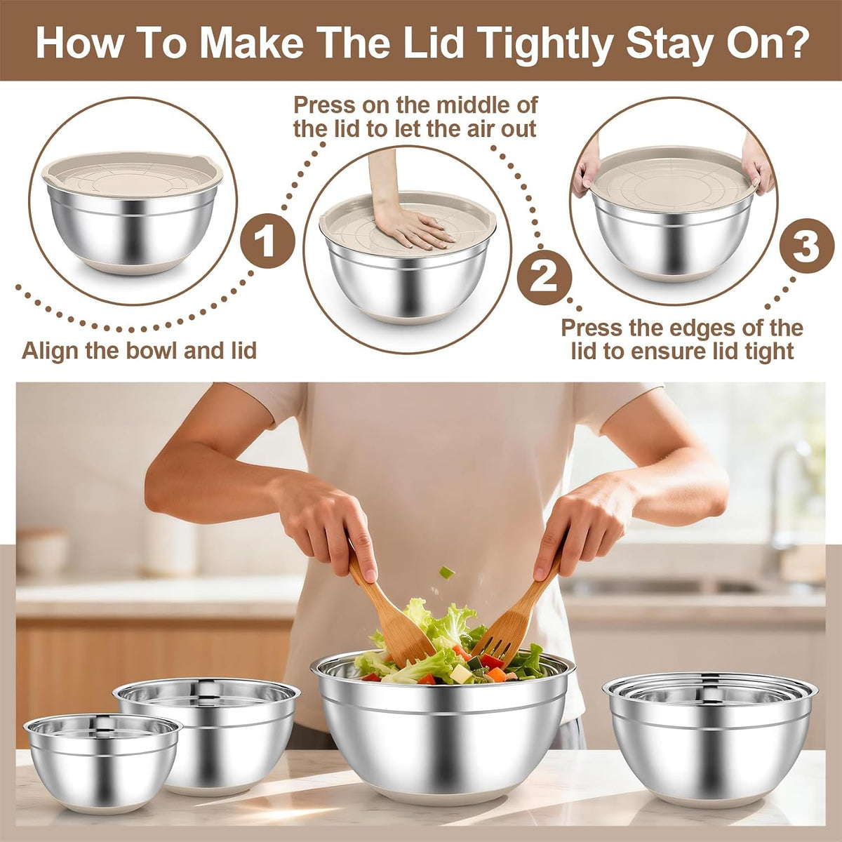 TeamFar Mixing Bowls, Stainless Steel Salad Bowls with Lids - Khaki | Nesting Bowls with Non-slip Bottom, for Kitchen Baking Preparing Serving, Stackable &amp; 6PCS - 4.6 /2.6 /2 / 1.5 /1 / 0.7 Qt
