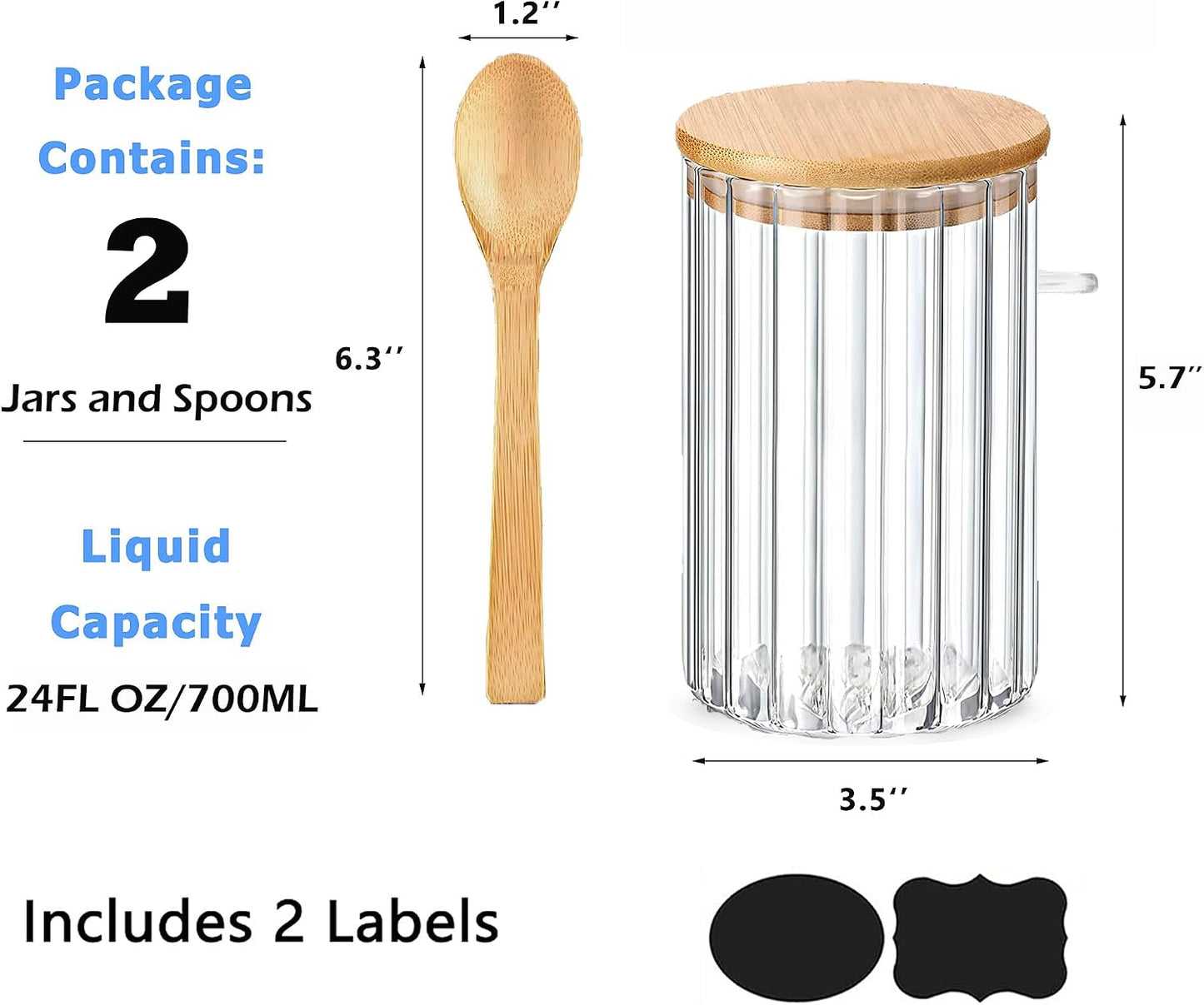 24 FL OZ Airtight Glass Jars with Bamboo Lids Spoons Coffee Canister, 2Pack