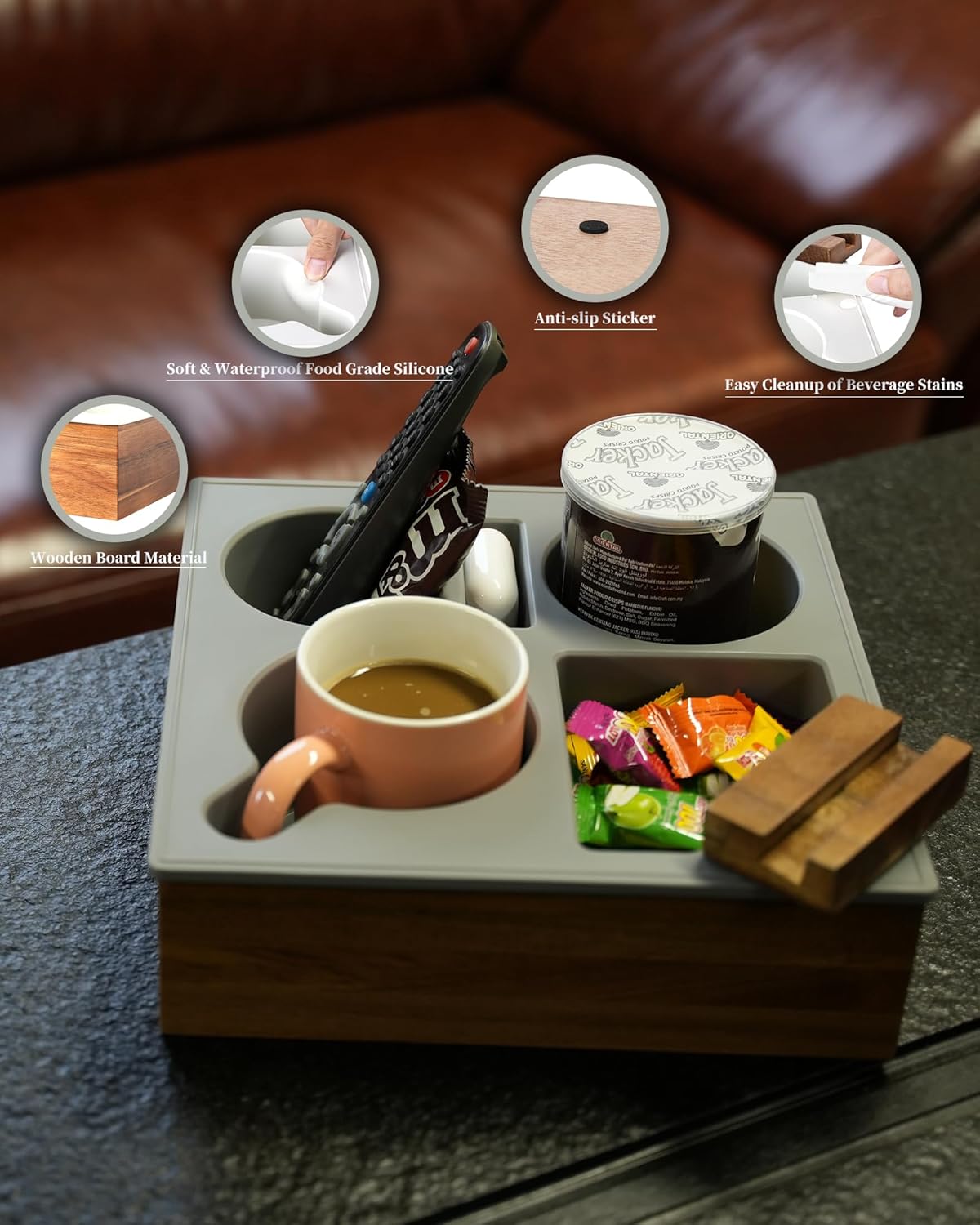 Couch Cup Holder Tray, Handy Soft Silicone Acacia Wooden Couch Caddy for Bed Car Seat Beach Organizer, Waterproof Anti-spill Couch Drink Holder for Snacks Beverage Remote (Gray)