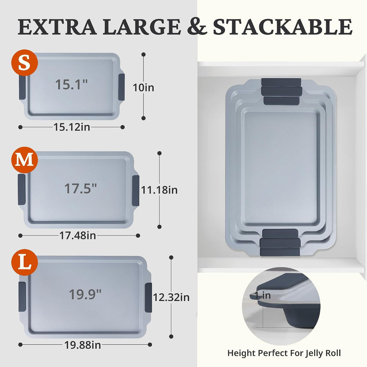BRONYPRO Non Stick Ceramic Baking Sheet Pan Set of 3, Non Toxic Cookie Sheets (PFOA/PTFE Free), Aluminized Steel Oven Trays with Silicone Handles, Rust-Resistant, Warp-Resistant to 500°F, Blue Gray