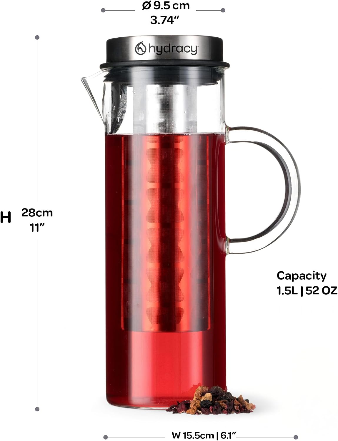 Hydracy Cold Brew Coffee Pitcher,Borosilicate Glass Iced Tea Maker 52oz | BPA-Free,Fruit Infusion Tube,Stainless Steel Lid,Thermal Resistant,Dishwasher Safe,Fits Fridge Door for Home &amp; Office