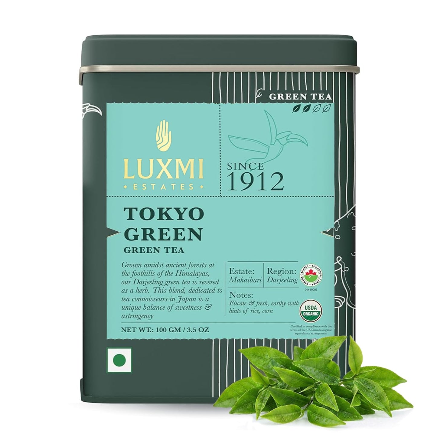 Luxmi Estates - Tokyo Green - Organic Makaibari Darjeeling Green Tea - Loose Leaf - 100g, 3.52 Oz (50 Cups) | From the Foothills of the Himalayas