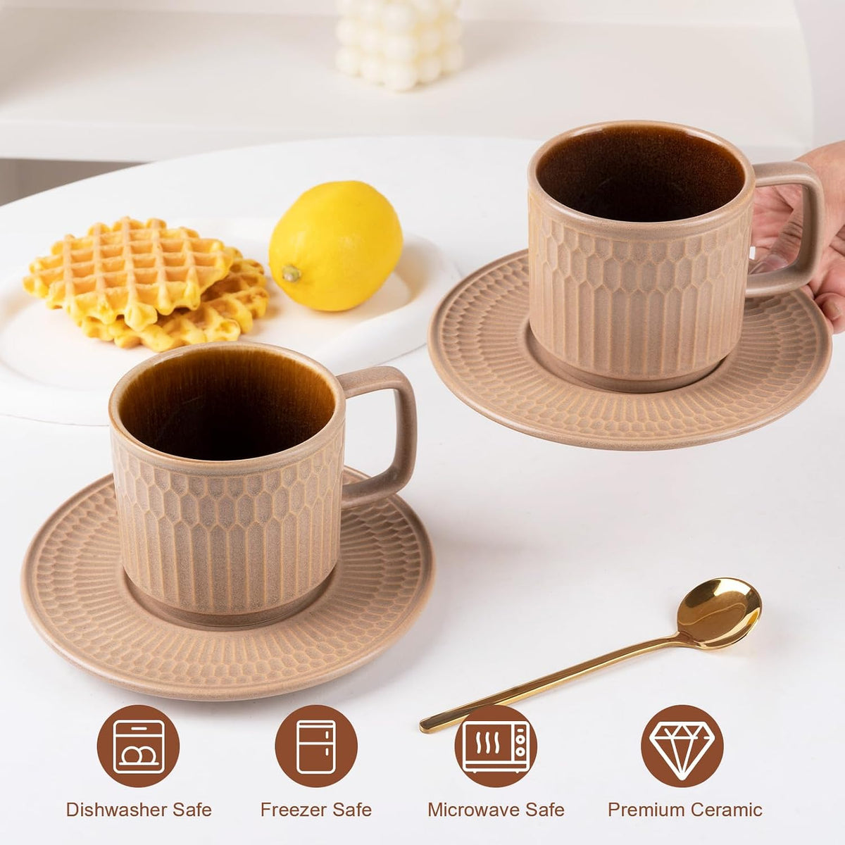 8oz Cappuccino Cups with Saucers Set of 4, 8 Ounce Stackable Embossed Ceramic Coffee Mugs for Specialty Coffee Drinks, Latte Mugs, Cafe Mocha and Tea, Dishwasher &amp; Microwave Safe (Brown)