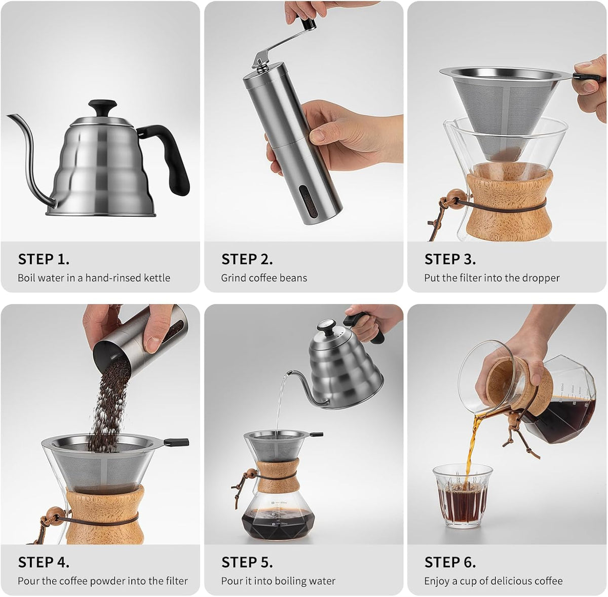 Pour Over Coffee Maker Set – 40oz Gooseneck Kettle with Thermometer, Coffee Grinder &amp; 20oz Drip Coffee Maker – Stainless Steel Pour Over Coffee Set