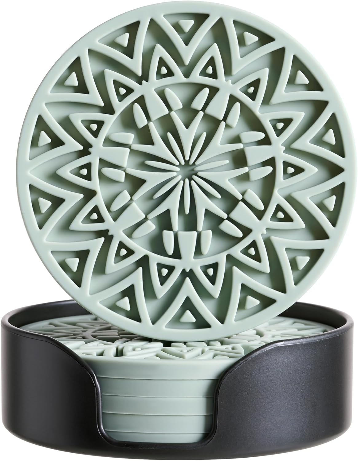 Set of 6 Sage Green Silicone Coasters with Holder, Drink Coasters with Tribal Pattern Shape- for Tab