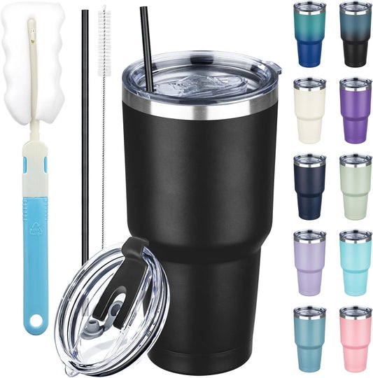 30 oz Tumbler with Lids and Straws, Stainless Steel Insulated Coffee Tumbler, Double Wall Vacuum Insulated Travel Mug Cup,
