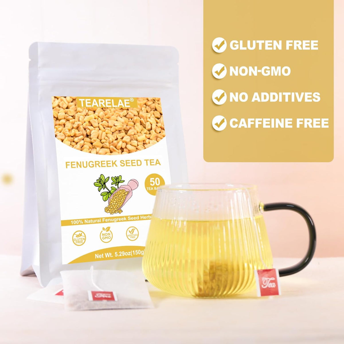 TEARELAE - Fenugreek Tea Bags, 50 Count, Fenugreek Seed Tea | Warm nutty seed flavor, Non-GMO and caffeine-free, traditionally enjoyed for digestive comfort