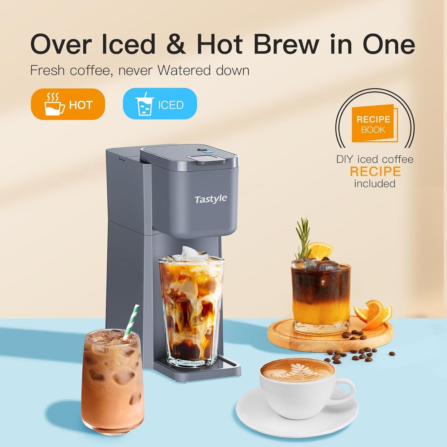 Mini Hot and Iced Coffee Maker Single Serve, for K Cup and Ground, 6 to 14 Oz Brew Sizes, with Recipe Book, for Home, Travel, RV, Office and Dorm, Elegant Gray