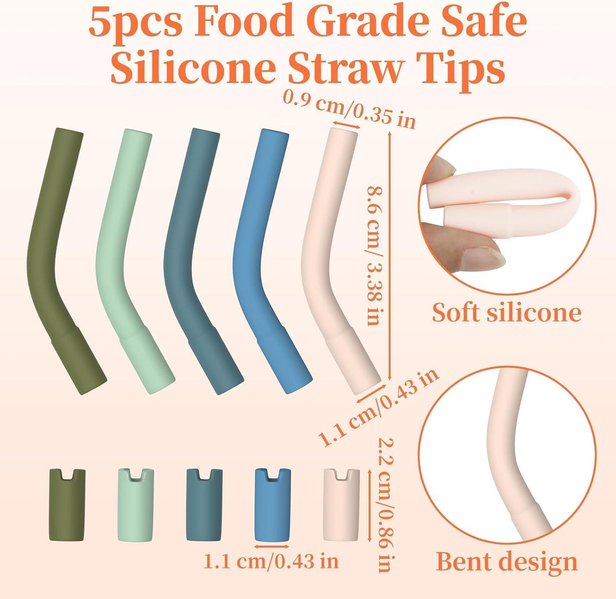5PCS Silicone Straw Tips for 8-10mm Reusable Straws for 30-40 oz Tumblers | Soft Rubber Straw Covers &amp; Toppers - Flexible Mouthpiece Sleeves for Metal &amp; Glass Straw Silicone Extender Tipings