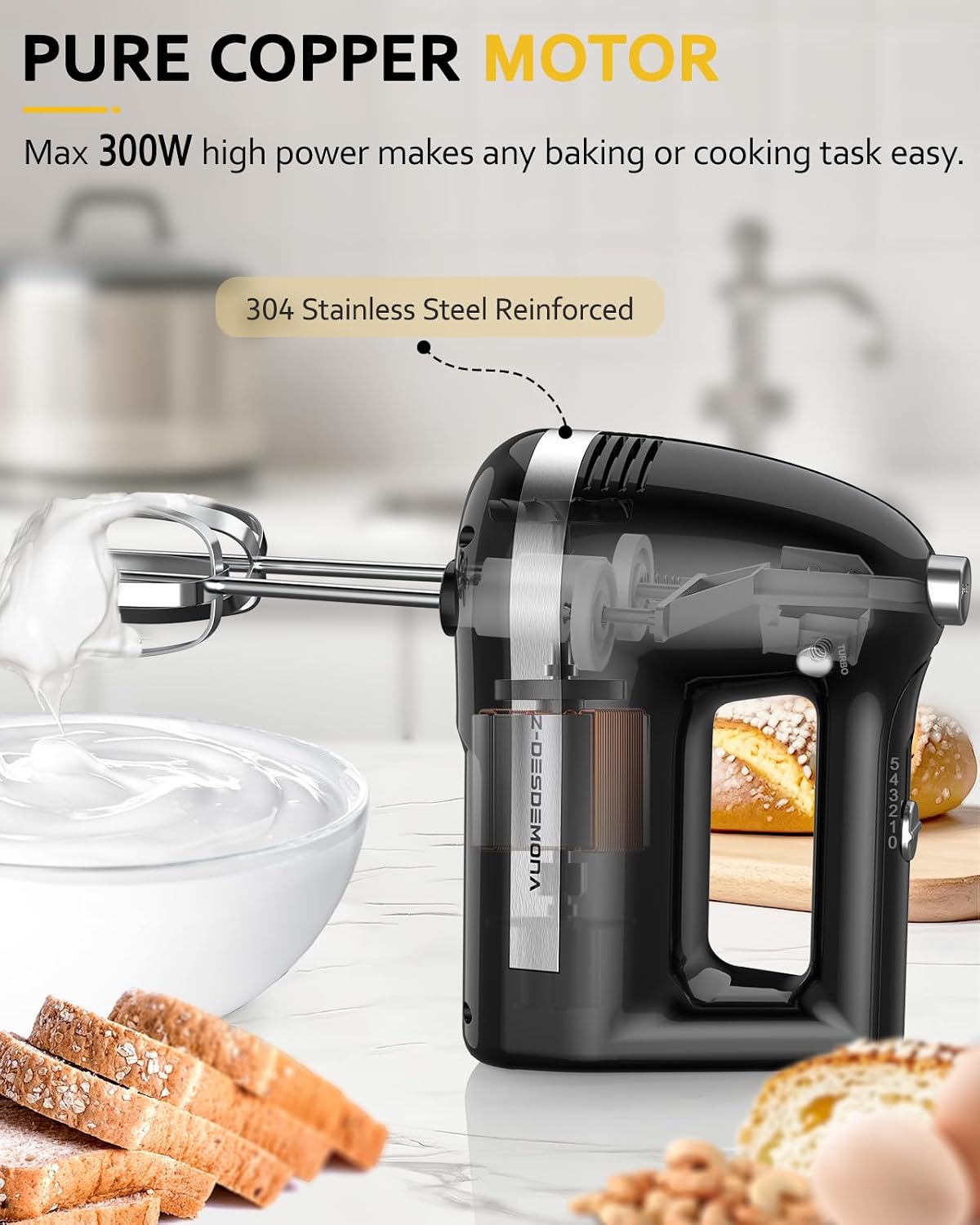Electric Hand Mixer, Powerful Hand Mixer Electric Handheld with 304*(2*Beaters, 2*Dough Hooks),(1*Storage Bag) Hand Held Mixer with Turbo for Baking Cakes,Cream(Black)