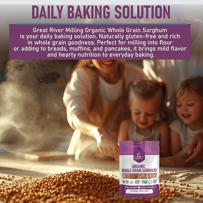 Great River Milling Whole Grain Sorghum | High-Protein Ancient Grain | Non-GMO, Kosher Certified | Ideal for Salads, Pilaf, Porridge, Baking & More | 5 Lb