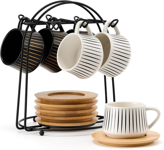 LUKA Ceramic Coffee Espresso Cups with Saucers Set with Metal Holder, 4 oz Porcelain Demitasse Cups For Espresso, Latte,