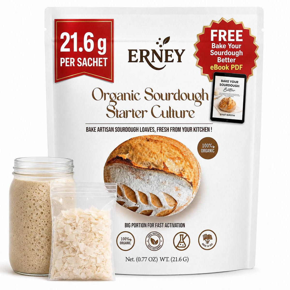 ERNEY Dehydrated Sourdough Starter 21.6 g Per Sachet for Bread Making - Perfect Rise Organic Sourdough Bread Flour with Instruction - Versatile Homemade Pastry Flour Perfect for Artisan Loaf Pizza Muffins