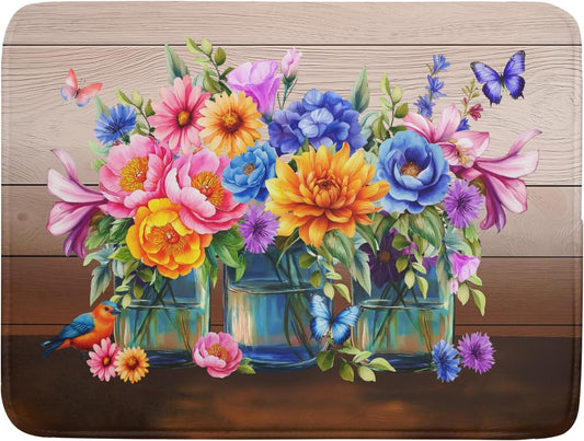 Spring Flowers Dish Drying Mat for Kitchen Counter 18x24in Vintage Plants Colorful Floral Kitchen Drying Mat Soft Absorbent