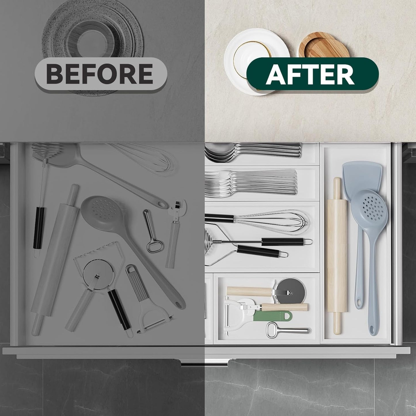 Lixple Bamboo Kitchen Drawer Organizer, 2 Pack, 9" x 3" x 2", White