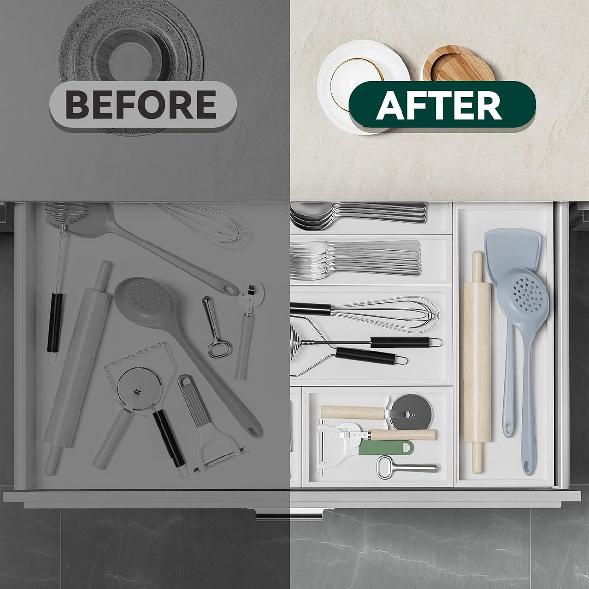 Lixple Bamboo Kitchen Drawer Organizer, 2 Pack, 6" x 3" x 2", White