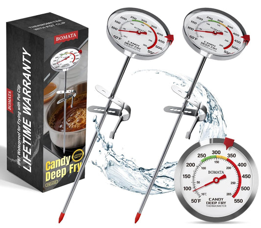 BOMATA 2-Pack Waterproof IP67 Candy Thermometers with Pot Clip, Deep Fry Oil Thermometer with Upgraded 2.5in Large Display