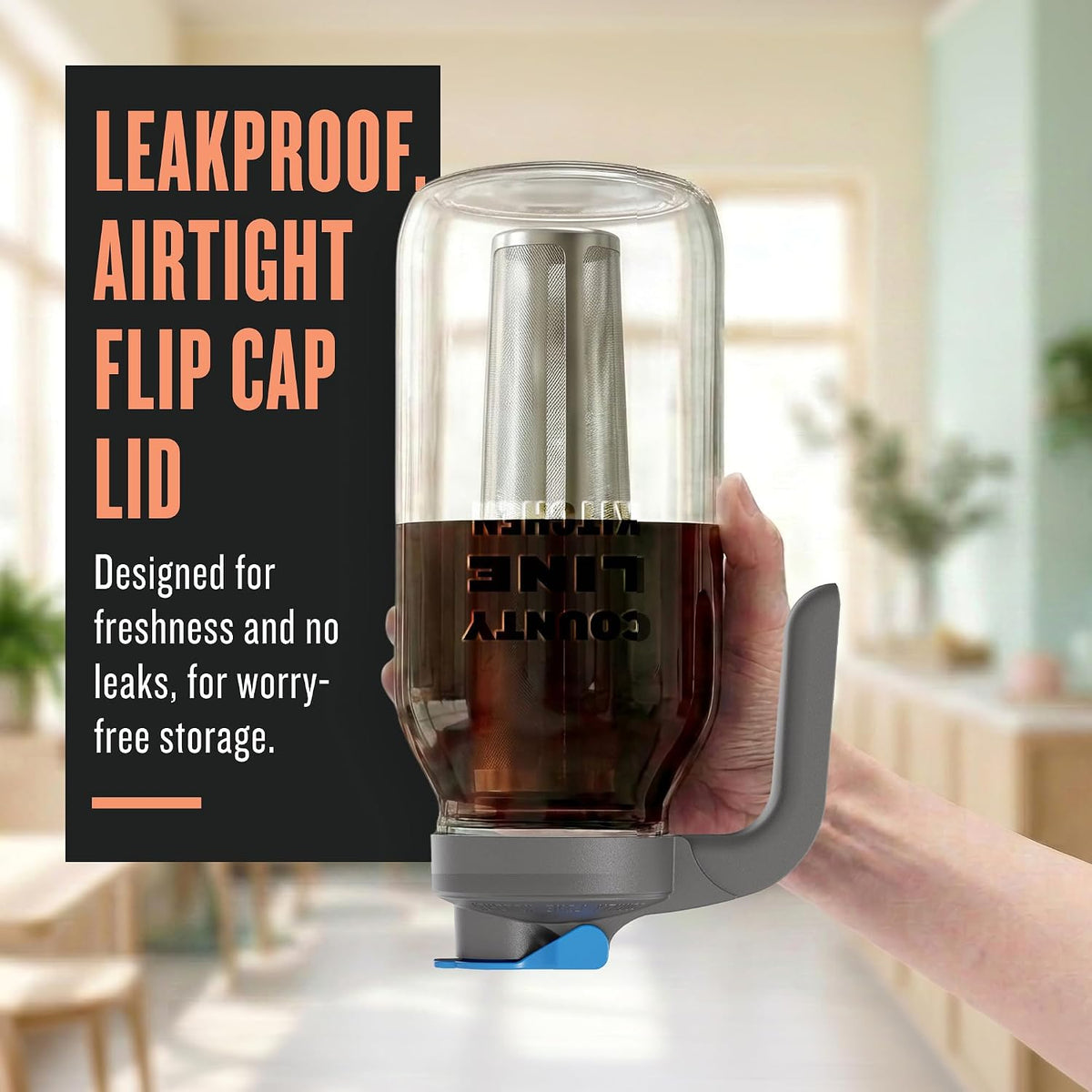 County Line Kitchen 64oz Cold Brew Coffee Maker with Leak Proof Lid - Gray | Glass Cold Brew Coffee Maker - Wide Mouth Mason Jar, Stainless Steel Filter &amp; Leak-Proof Lid (64 oz)