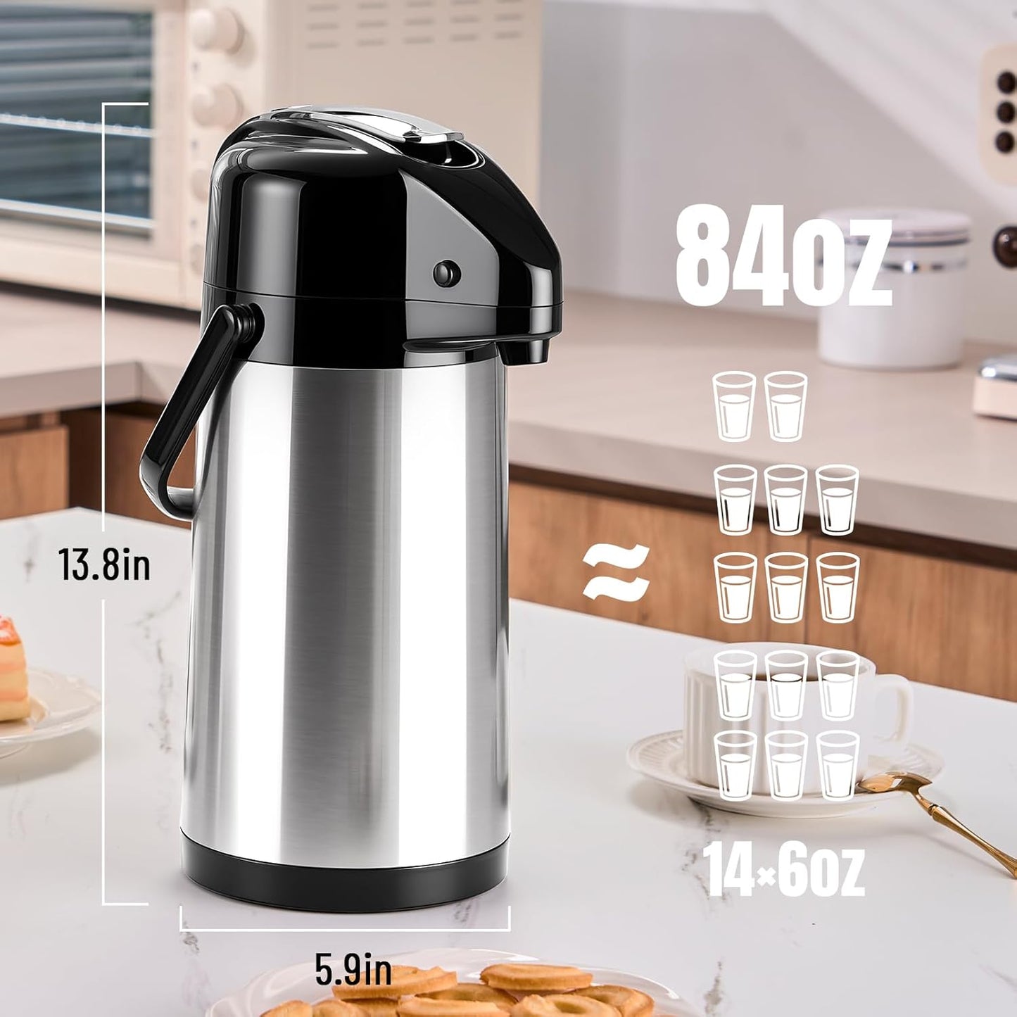 PARACITY Coffee Carafe with Pump, 84.5 oz Stainless Steel Airpot Dispenser | Double pumps and Lazy Susan base serve hot or cold beverages; termos para cafe suits cocoa stations, parties and gatherings.