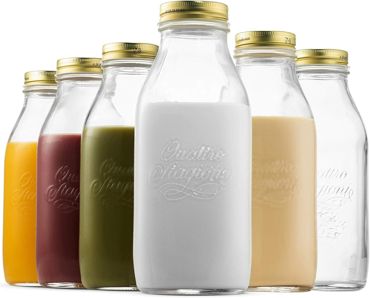 Bormioli Rocco Quattro Stagioni Glass Milk Bottle 33.75 Ounce/1 Liter with Airtight Lid, Great For Kombucha Brewing Bottle, Beer, Homemade Juicing, Smoothies, Beverages, Durable Construction. (6 Pack)