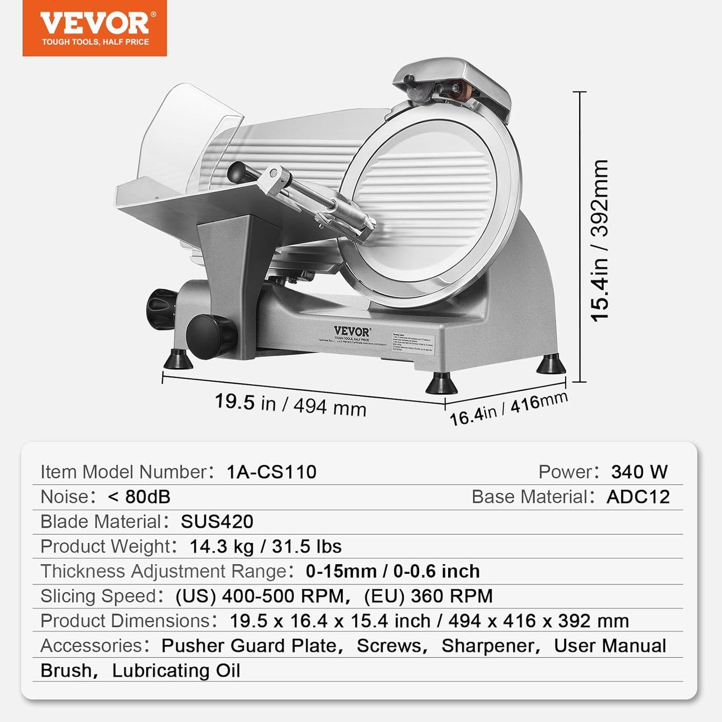 Meat Slicer, 340W Electric Deli Food Slicer with 10" SUS420 Stainless Steel Blade and Built-in Sharpening Stone, 0-0.6 inch Adjustable Thickness for Commercial and Home Use, Cut Meat and Cheese
