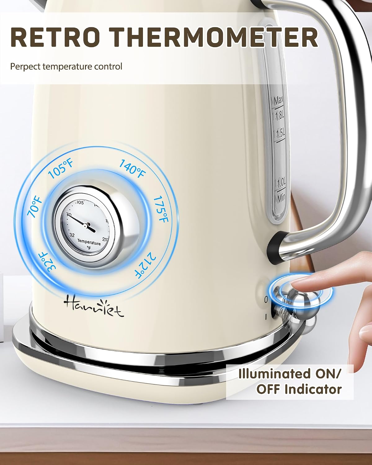 Harriet 61oz Electric Kettle with Thermometer, Retro Hot Water Boiler | 1500W Hot Water Kettle, Electric Tea Kettle for Boiling Water, LED Indicator, Auto Shut-Off &amp; Boil Dry Protection