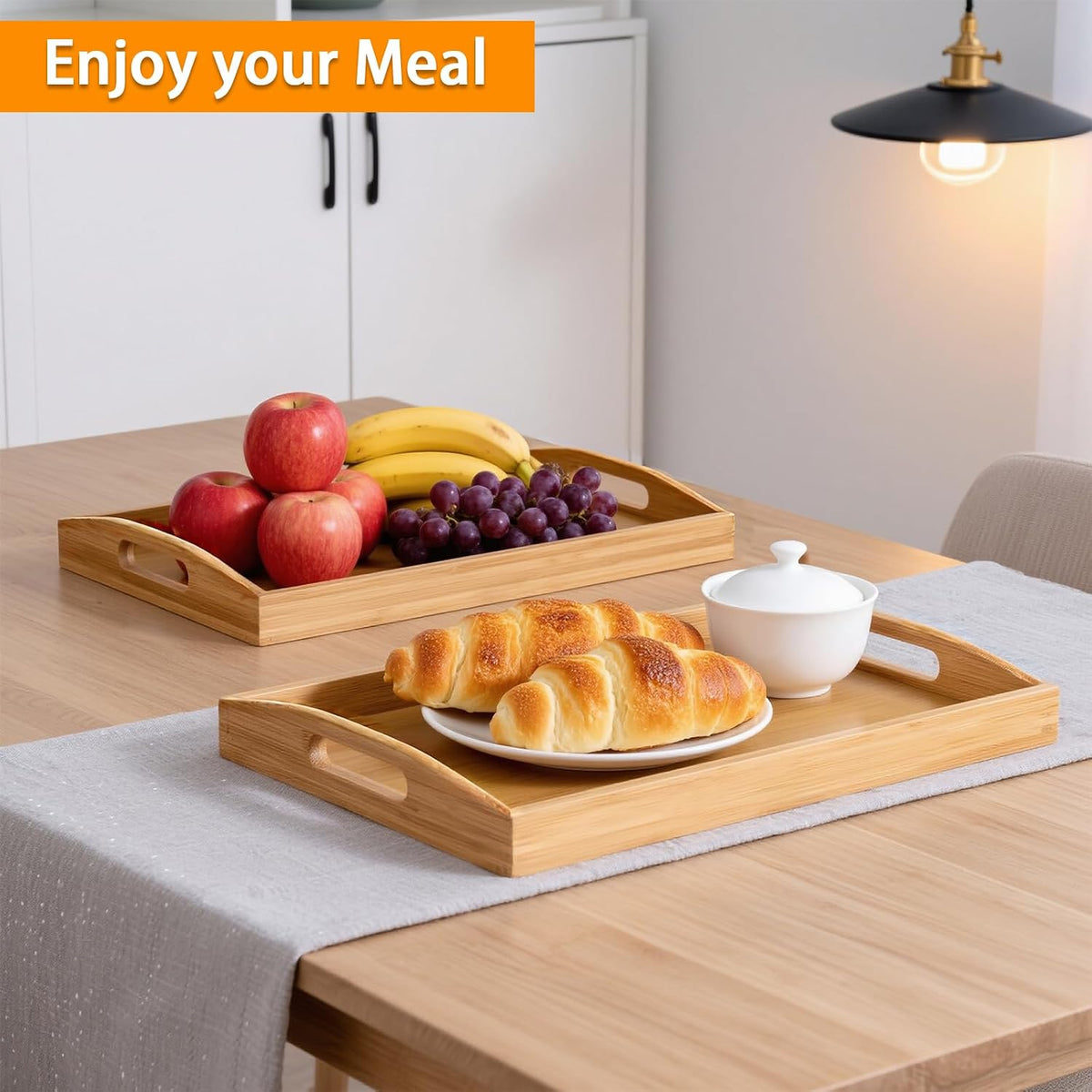 2-Pack Bamboo Serving Trays with Handles, 16" and 13", Decorative Food Tray Set for Breakfast, Coffee, Tea, Snacks, Ideal for Coffee Table, Ottoman, Living Room &amp; Kitchen
