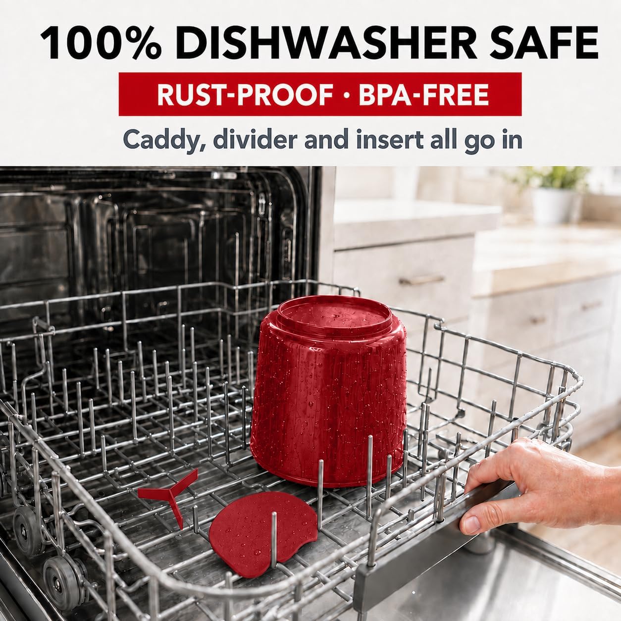 Extra Large Rotating Red Utensil Holder with Sturdy No-Tip Weighted Base, Removable Divider, and Gripped Insert | Rust Proof and Dishwasher Safe Kitchen Utensils Holder by Cooler Kitchen 7*7 Inches