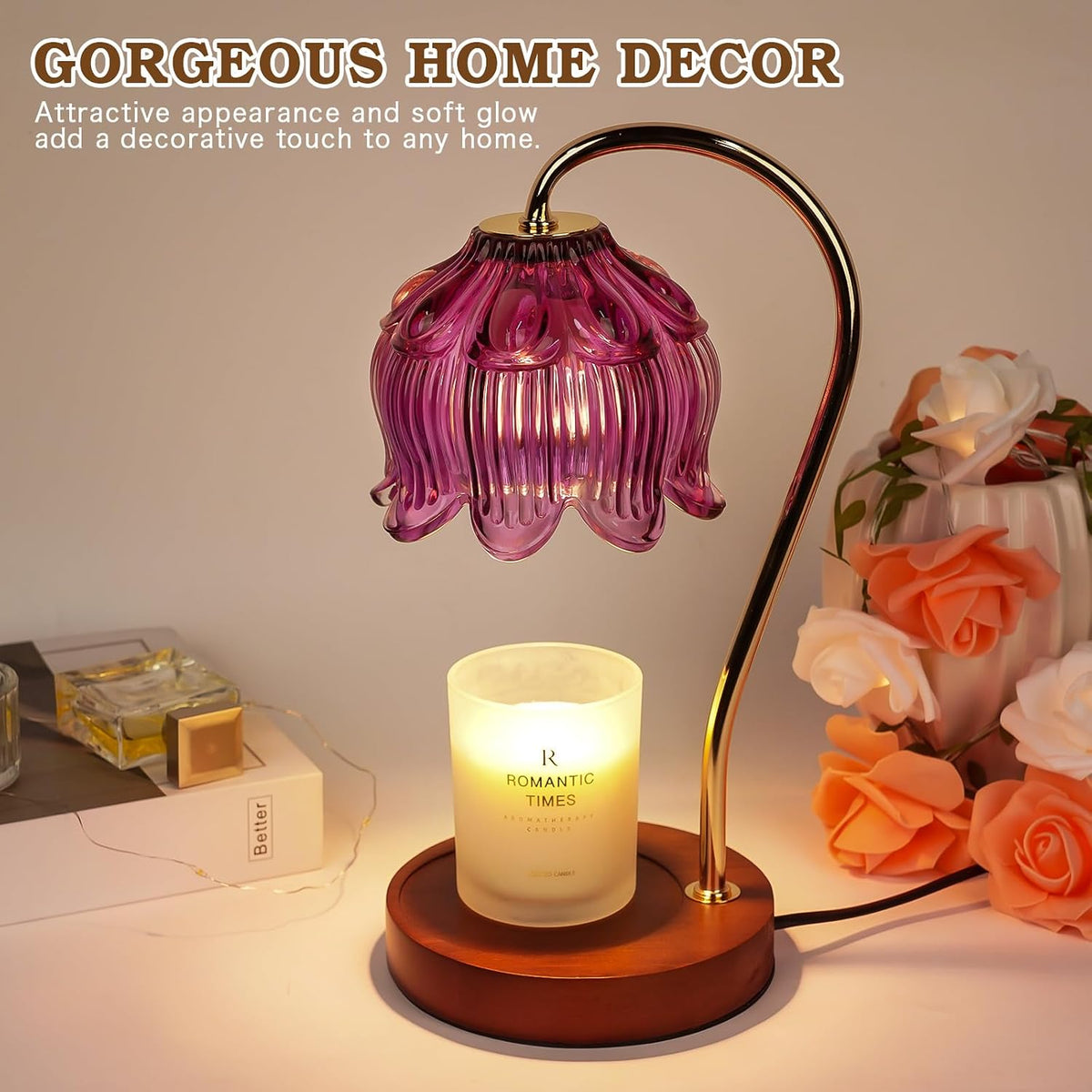 Purple Candle Warmer Lamp with Timer, Electric Candle Warmer, Women Birthday Christmas Gift, Flower Wax Warmer for Yankee Candle Lovers, Vintage Melt Lamp for House Warming Gifts for Mom, Friend