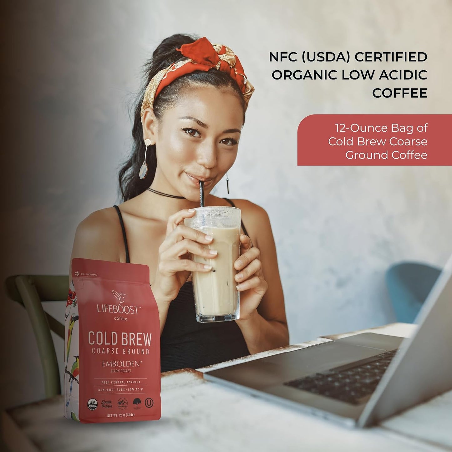 Lifeboost Dark Cold Brew Coffee - Single Origin Non-GMO USDA Organic Low Acid Coarse Ground Coffee for Cold Brew - 3rd Party Tested For Mycotoxins &amp; Pesticides - 12 Ounces