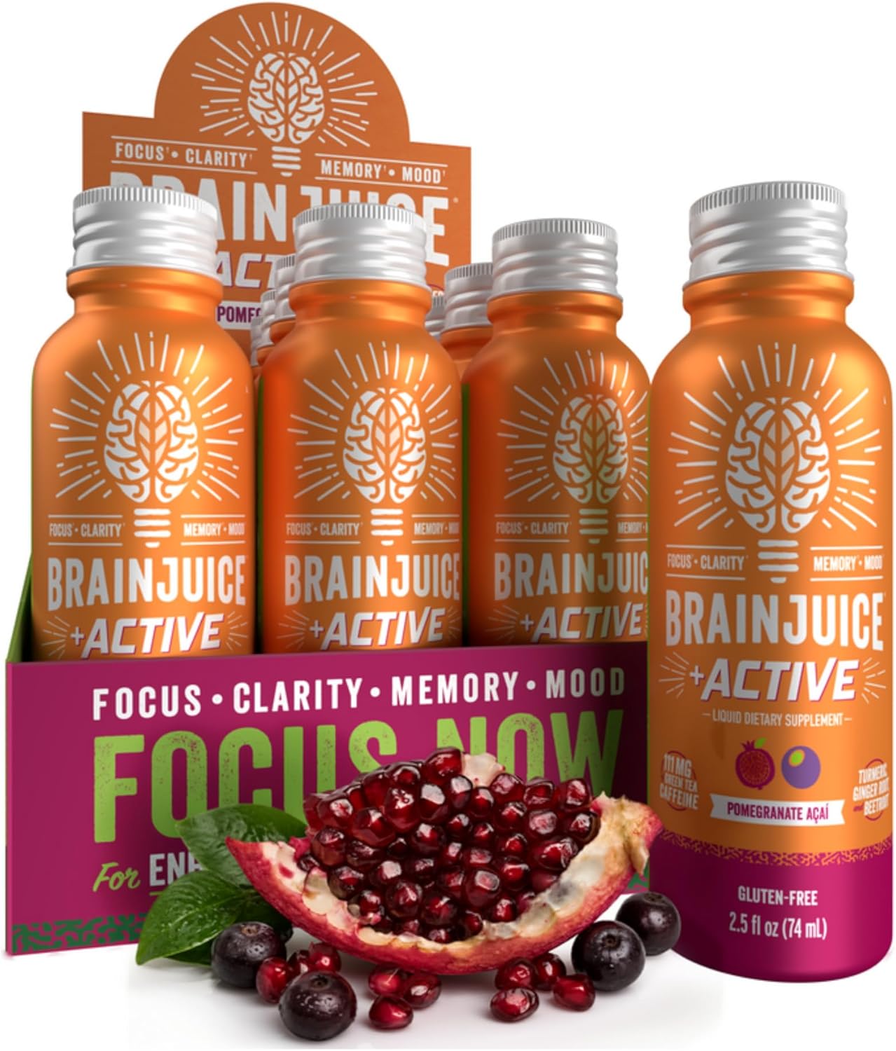 BrainJuice Decaf Active Pomegranate Acai Nootropic Supplement Shot, 2.5 fl oz, 12 Pack