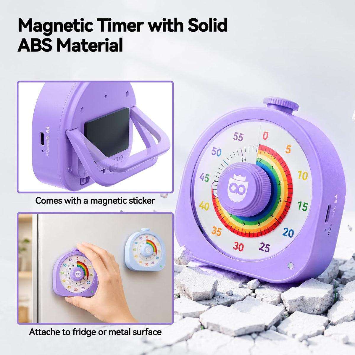 Visual Timer for Kids, Rechargeable Rainbow 60-Min/12-Hour Switchable Countdown Timer, Magnetic Timer with Pomodoro Mode, ADHD Time Management Tool for Classroom,Home with Silent Operation, Purple