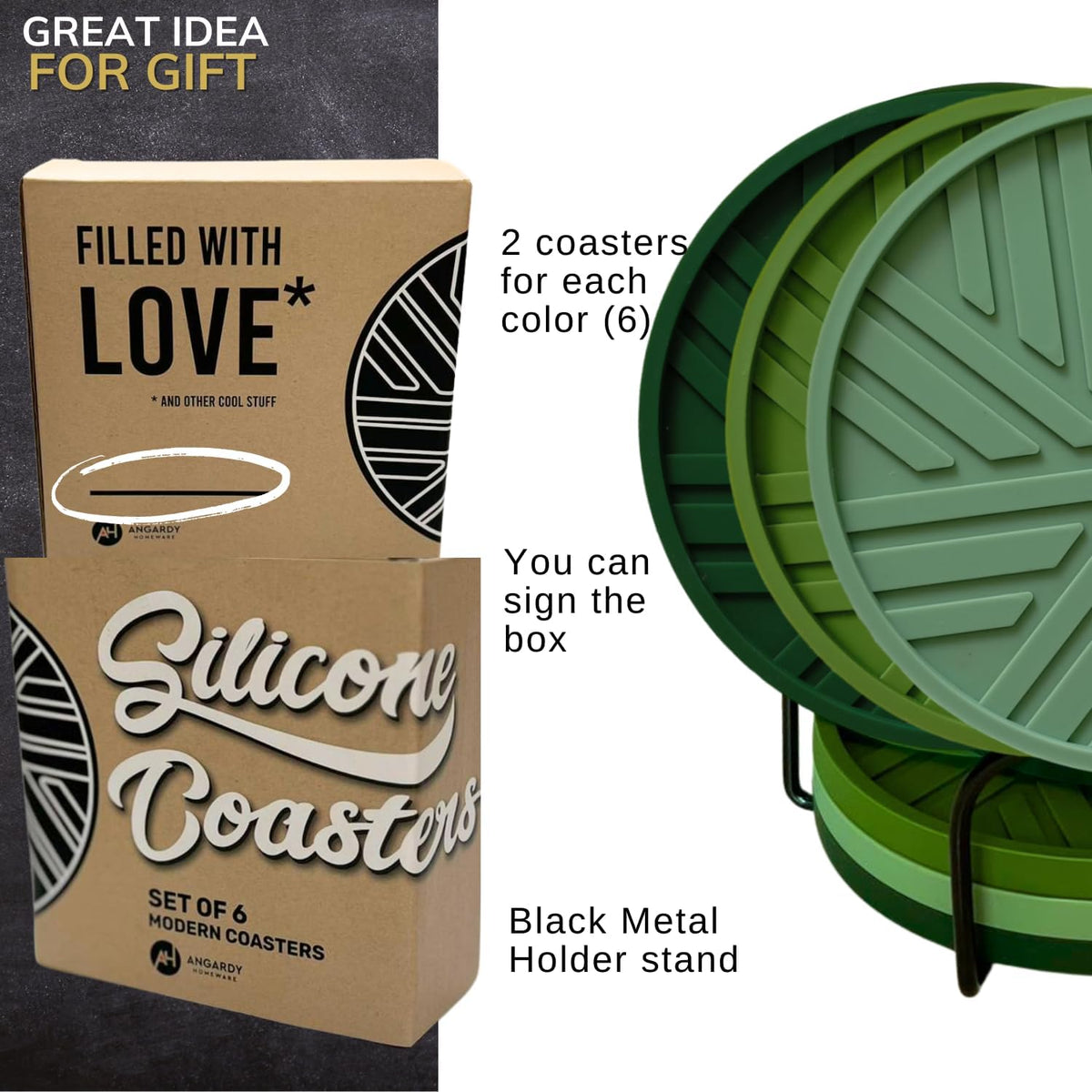 Silicone Coasters Set of 6 with Modern Patterns for Coffee Table Decor - Dark Green Sage