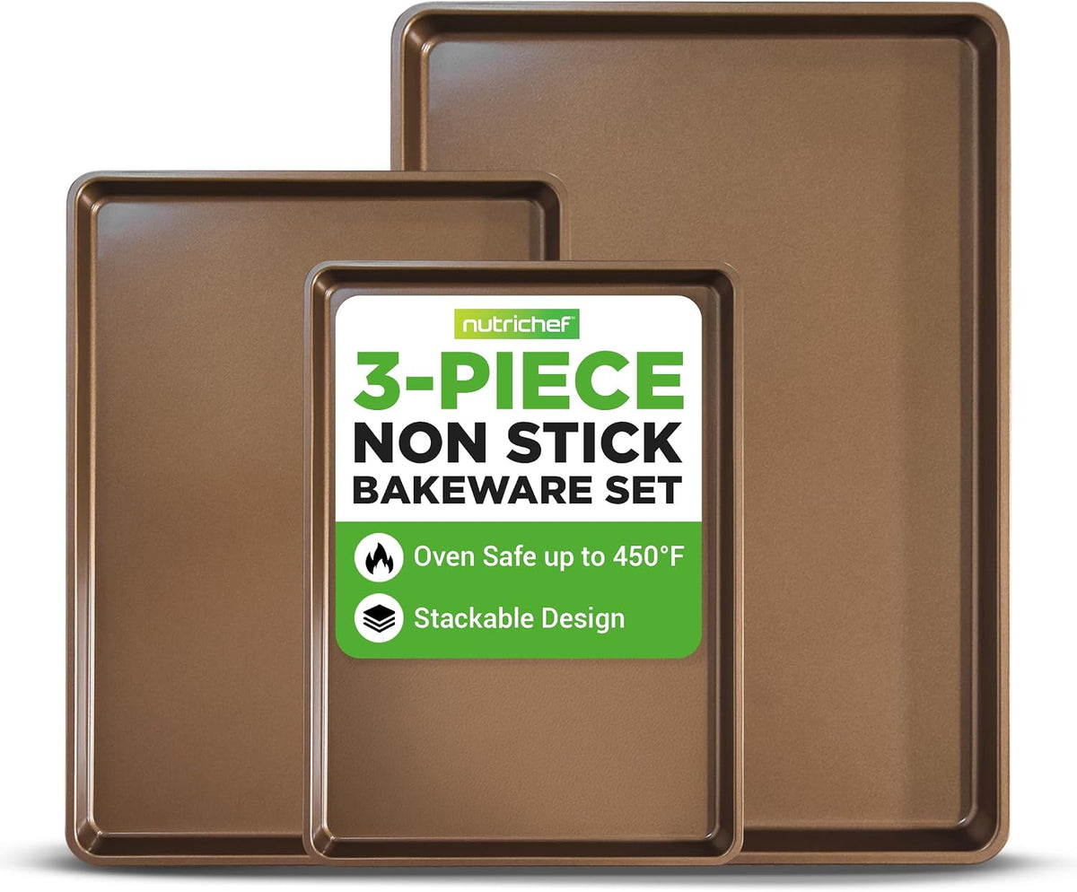 NutriChef 3-Piece Nonstick Baking Pans Set - Thick Carbon Steel Oven Bake Trays - Includes XL, Medium, &amp; Small Sizes - Versatile Cookie Sheets for Baking &amp; Roasting, Dishwasher Safe - Gold