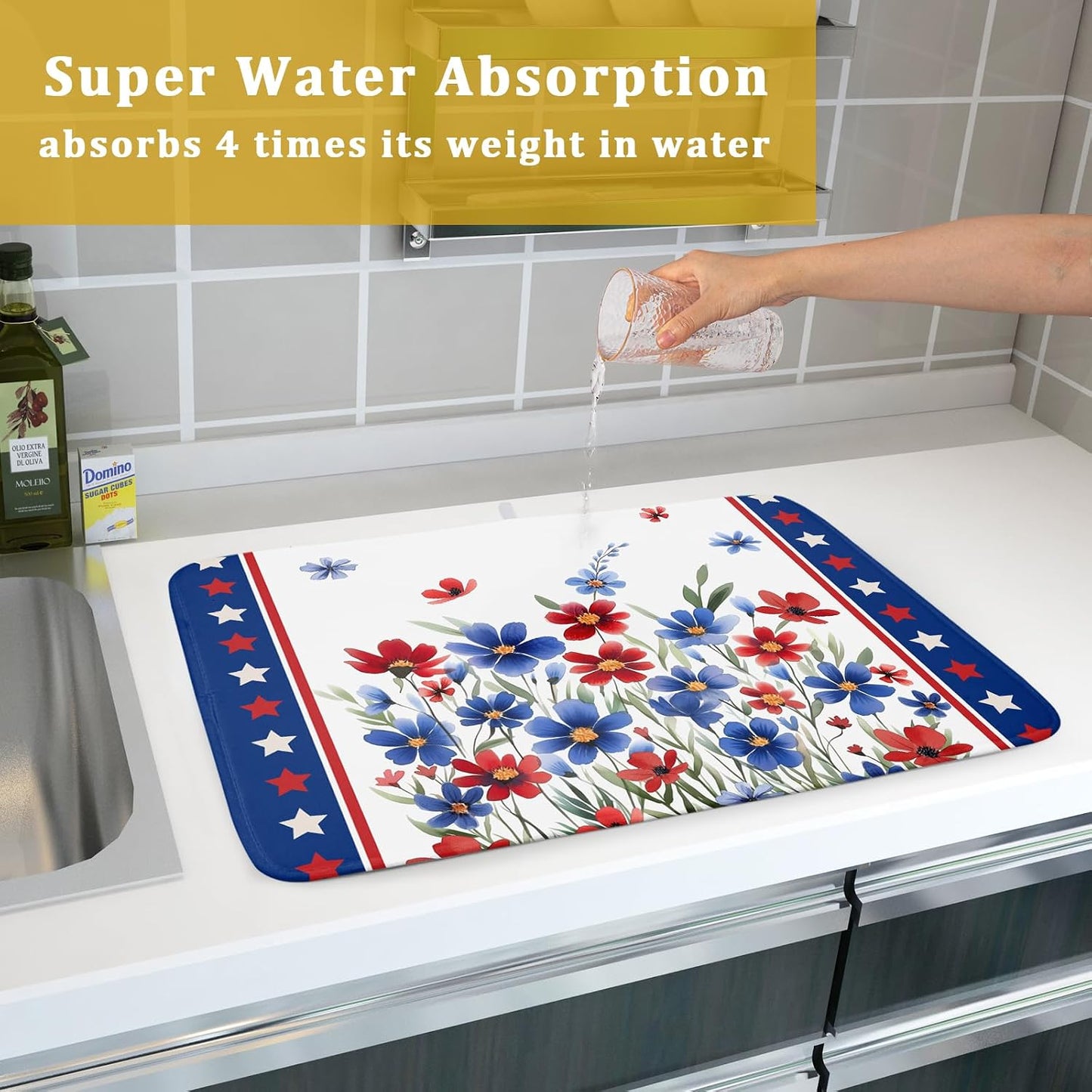 4th of July Dish Drying Mats for Kitchen Counter Patriotic Star Microfiber Absorbent Dish Drainer Rack Mat Summer Floral Independence Day Protector Sinks Dishes Pad for Countertop Table Decor 16”x18”