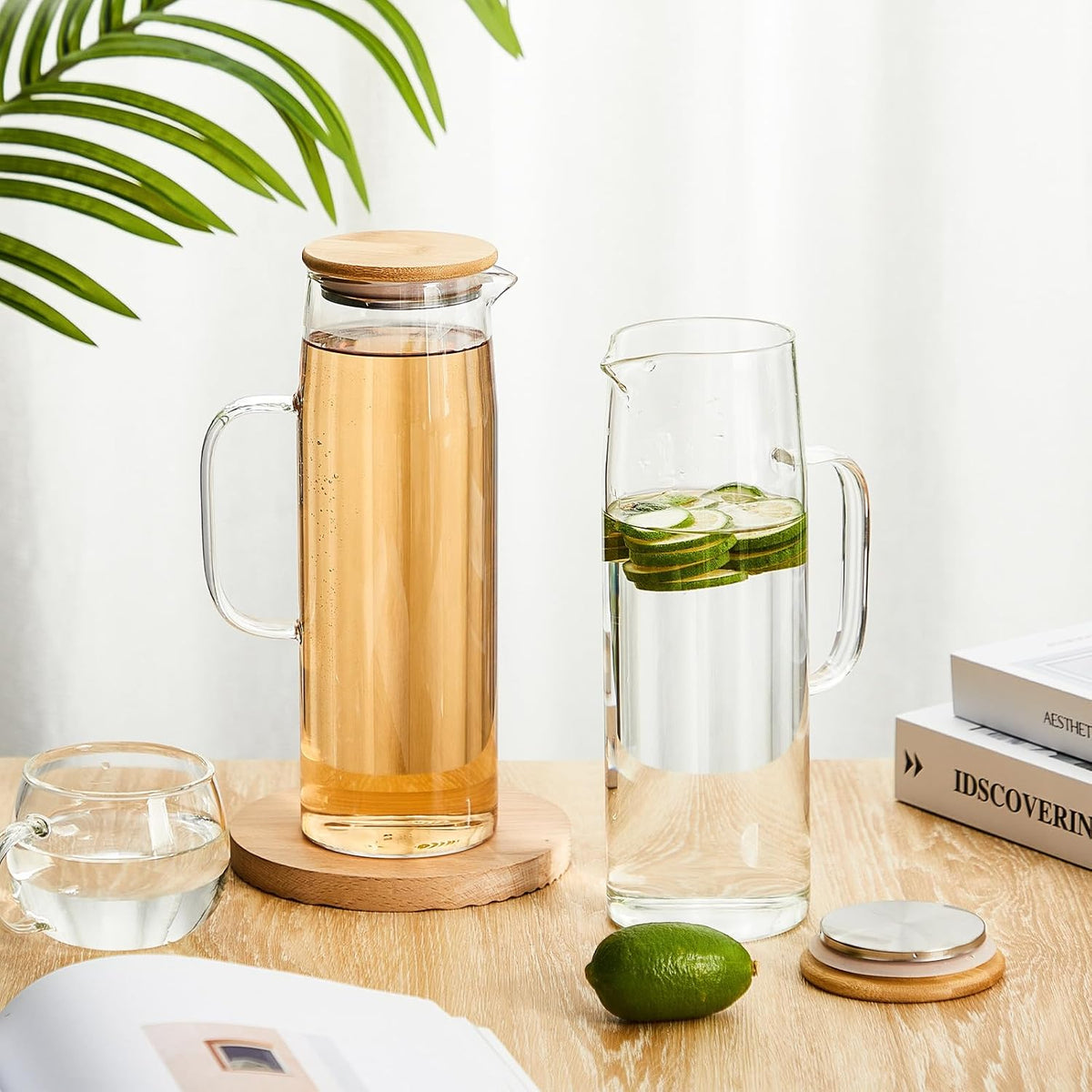 Hsei 2 Sets Glass Pitcher with Lid Water Carafe, Bamboo Lid, 1.5L