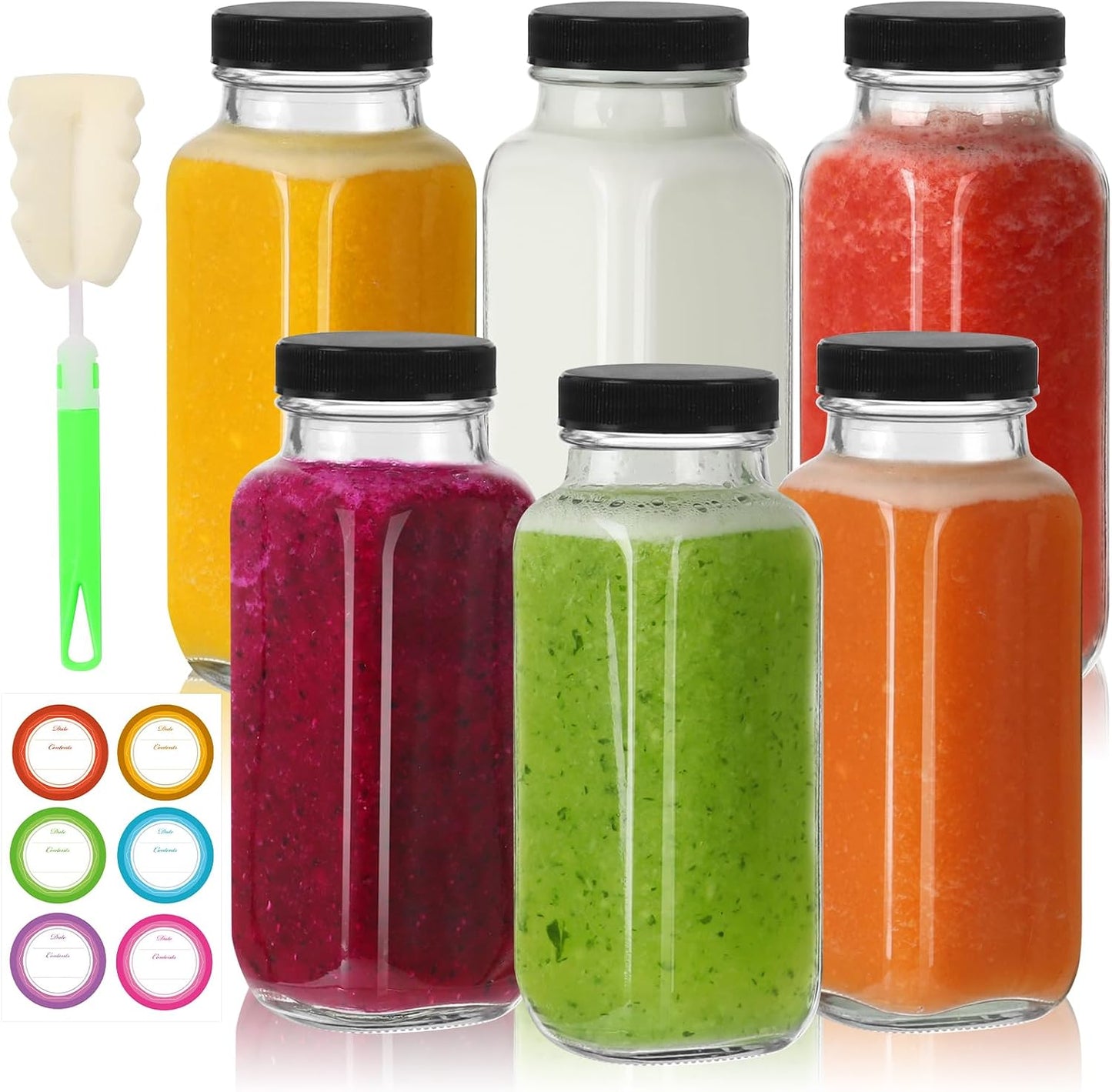 8 oz Glass Juice Bottles with Lids 6 Pack,Reusable Glass Drink Bottles