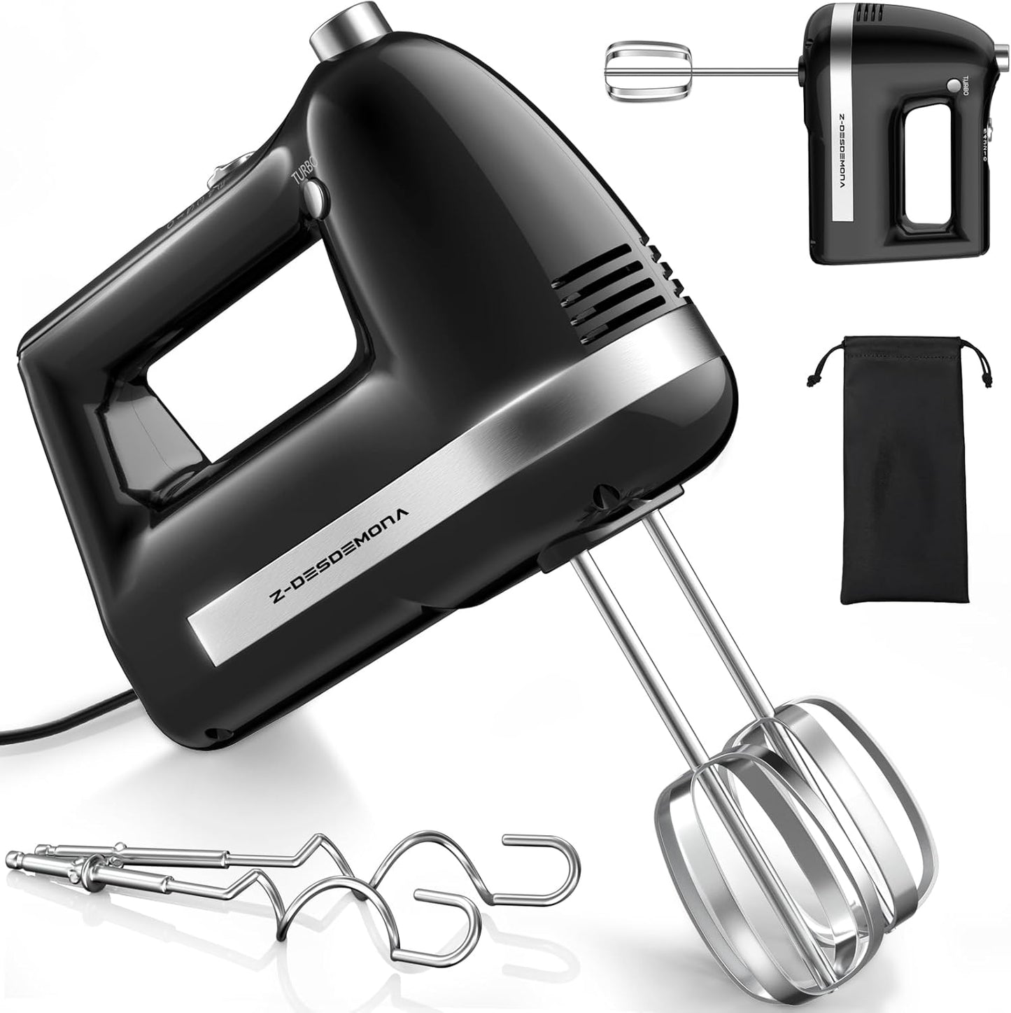 Electric Hand Mixer, Powerful Hand Mixer Electric Handheld with 304*(2*Beaters, 2*Dough Hooks),(1*Storage Bag) Hand Held Mixer with Turbo for Baking Cakes,Cream(Black)