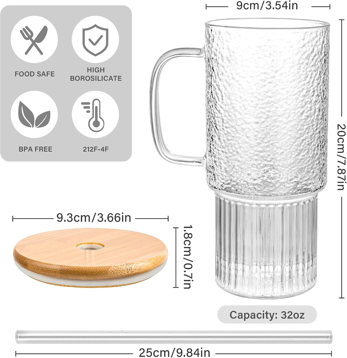 32oz Glass Cups with Bamboo Lid and Straw, Large Glass Tumbler with Handle