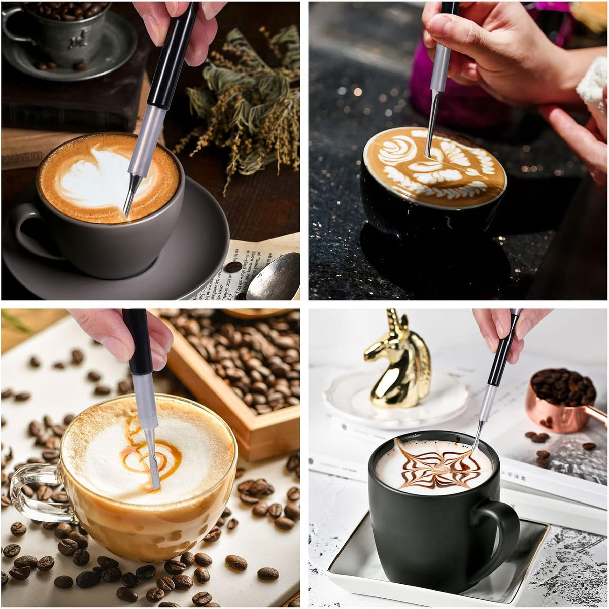 Latte Art Tools Set (3PCS), Coffee Art Pen Stainless Steel for Cappuccino &amp; Espresso, Barista Latte Decorating Kit for Beginners, Home Cafe Coffee Accessories