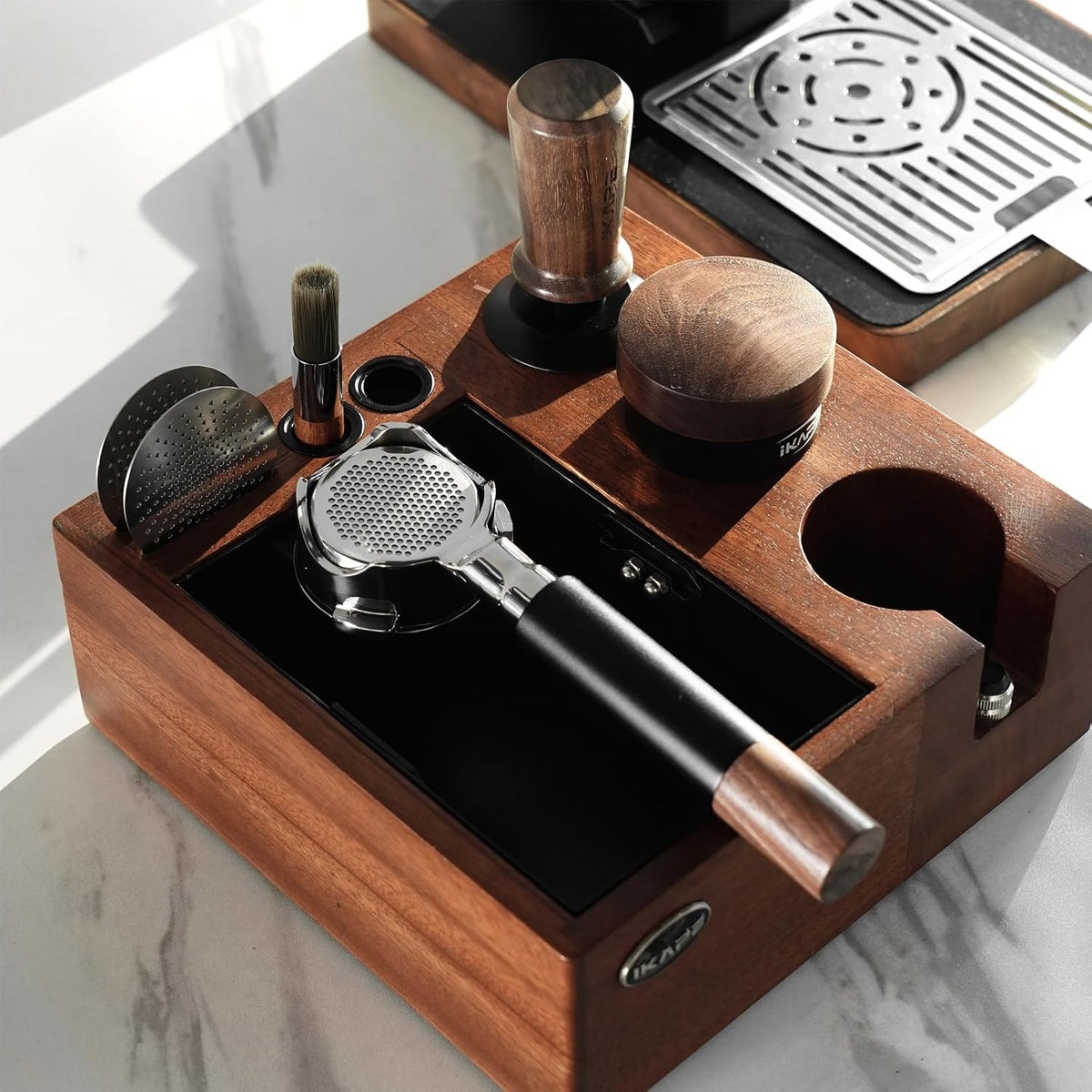 IKAPE V2 Espresso Knock Box, Espresso Coffee Organizer Box Fit for Storage 51mm 53/54mm 58mm Espresso Tamper, Distributor, Portafilter &amp; Puck Screen Accessories, Natural Walnut Station Base (8 IN One)