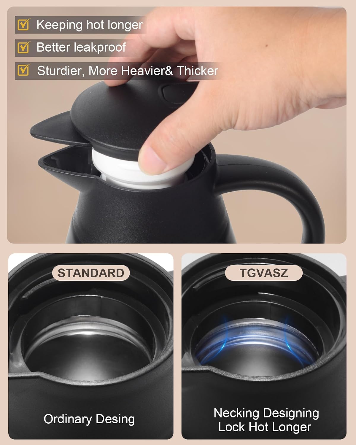70oz Thermal Coffee Carafe for keeping hot,Updated Carafes for hot liquid, Stainless Steel Insulated Thermal Pot for Coffee, Hot Water,Keep Hot 12 Hours (Black 2.1 L)