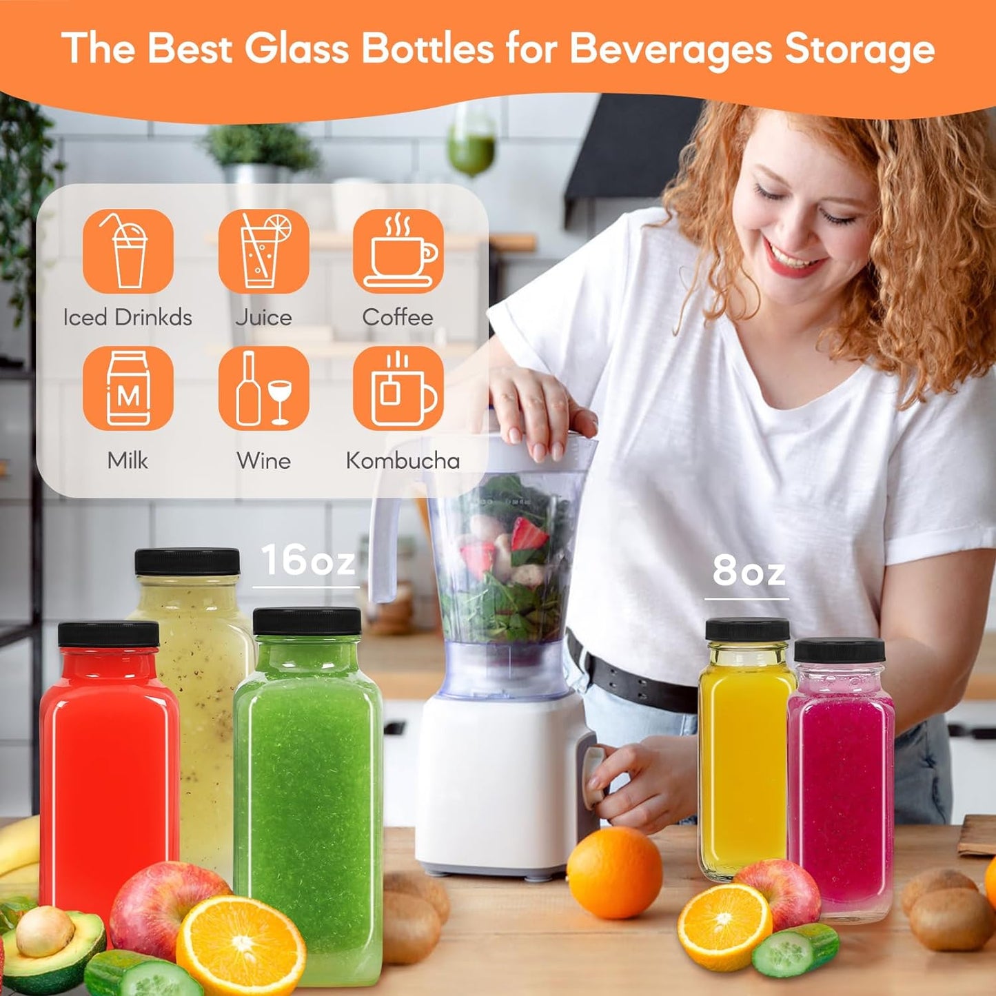 STARSIDE 8oz 3-Pack Glass Juice Bottles with Leak-proof Lids | Square Reusable Drinking Jars for Juicing, Milk, Kombucha - Includes 1 Bottle Brush, 6 Colored Labels