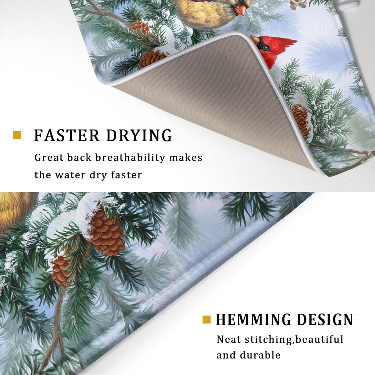 Winter Red Cardinal Bird Dish Drying Mat for Kitchen Counter,Holly Berry Branches Xmas Snowflake Cabin Drying Mat 18 x 24 Inch with High Absorbent Microfiber Drainer Mat for Coffee Bar
