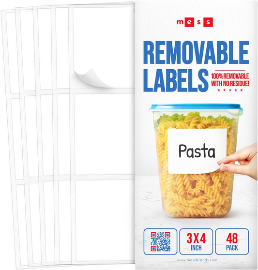 MESS Removable Food Labels for Containers (48-Pack) 3x4" Erasable Kitchen Labels for Organizing, Freezer & Fridge, White Dry
