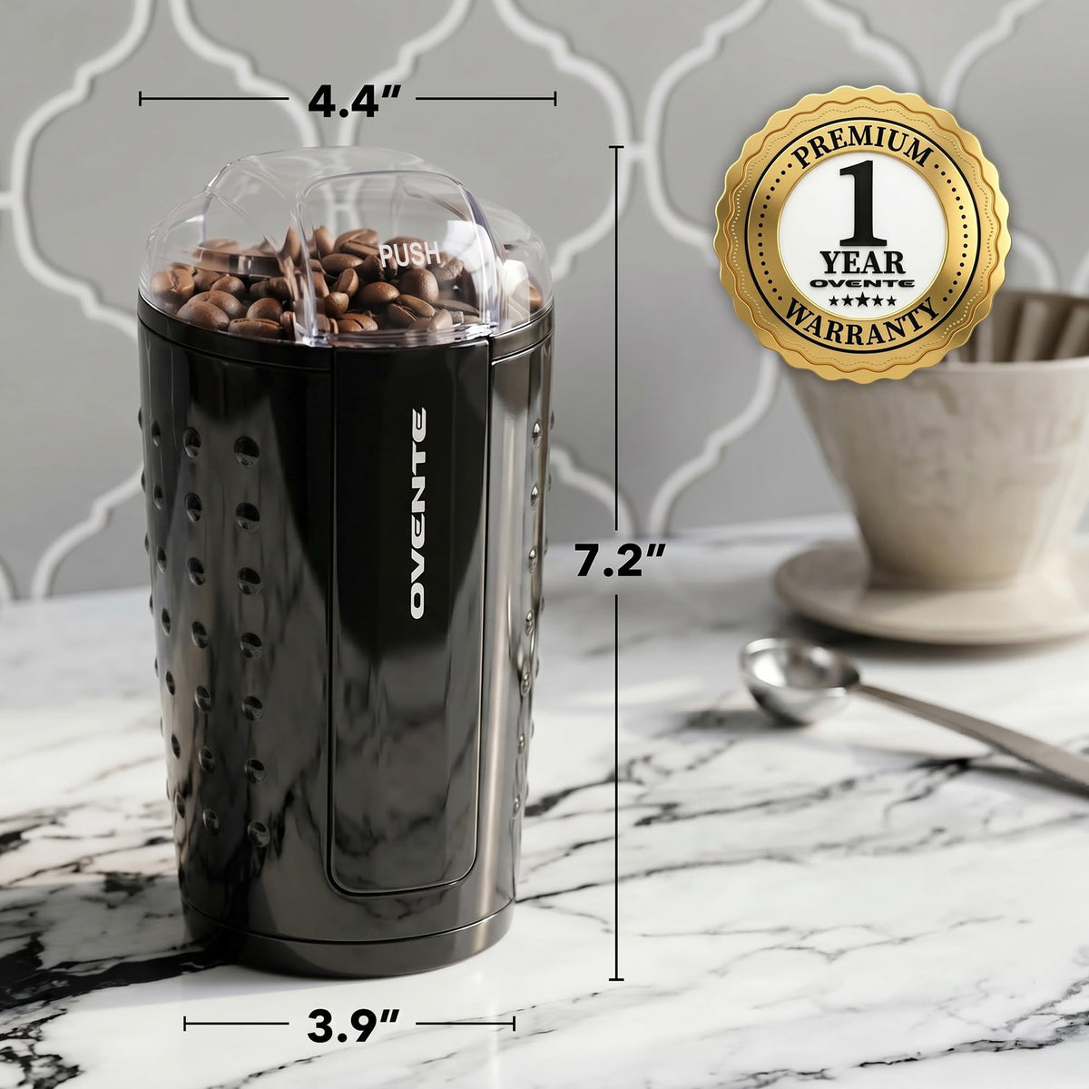 OVENTE Electric Coffee Grinder with One Touch Push-Button, Black CG225B